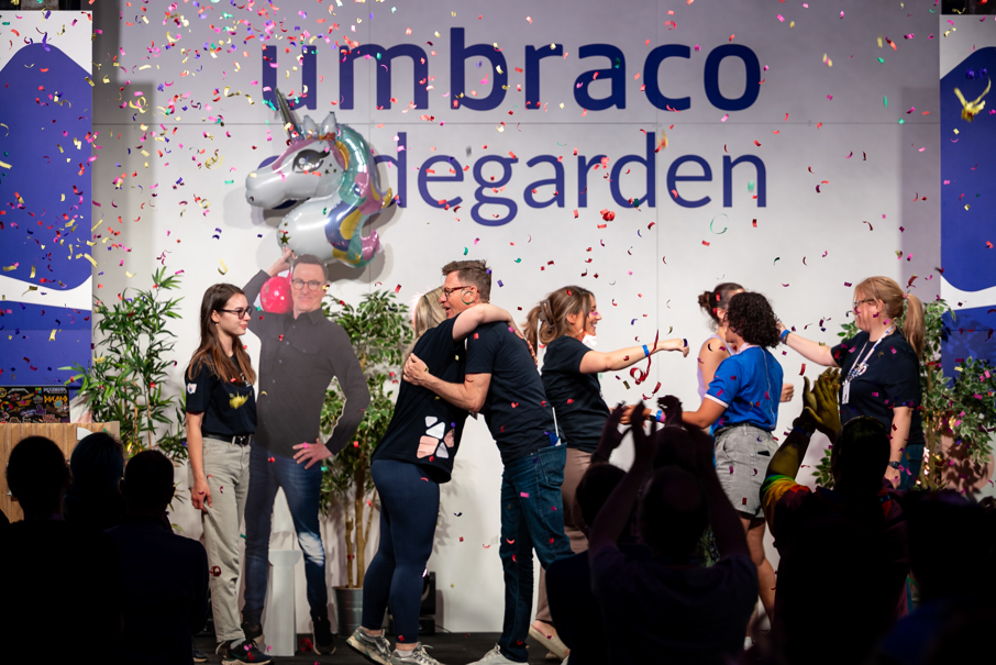 Confetti and hugging on stage at Codegarden 2025